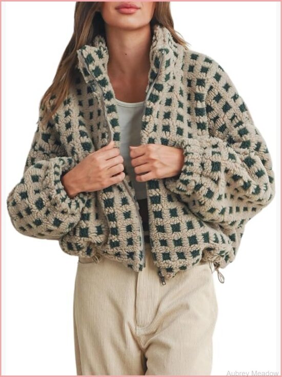 Jackets & Blazers - Long Sleeve Cropped Sherpa Fleece Plaid Jacket Casual Teddy Fleece Outerwear